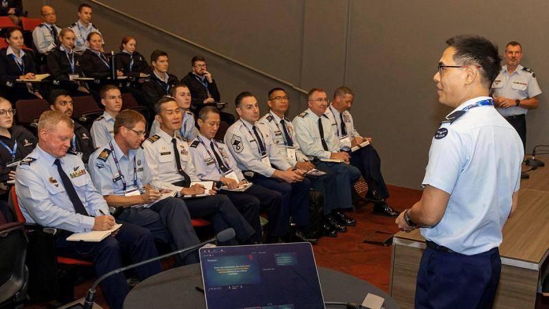Leading Aircraftman Henry Lam delivers a speech during the Clear to Launch Symposium as part of the Air and Space Power Conference.